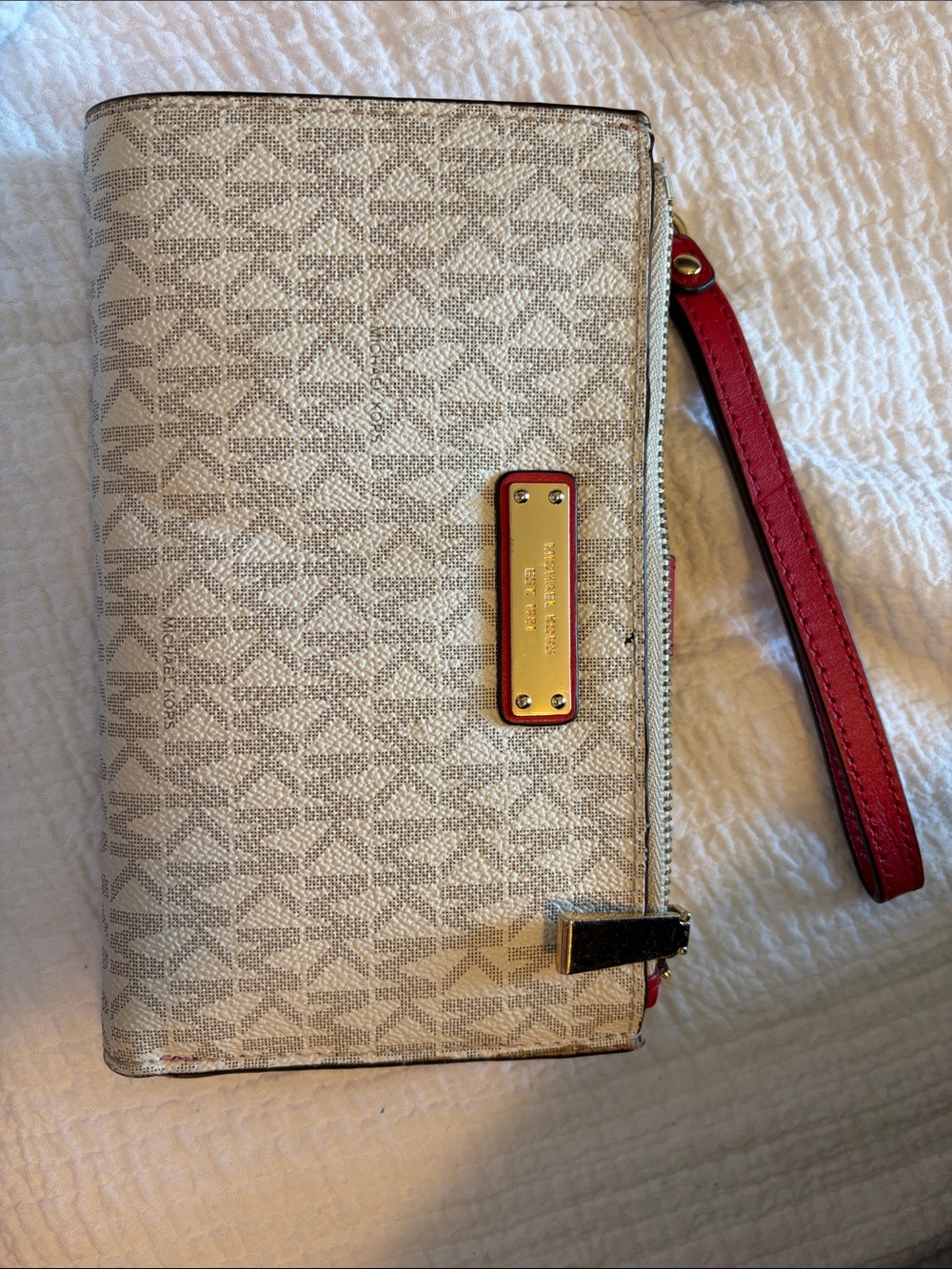 Michael Kors Beige Printed Wristlet Clutch with Red Strap